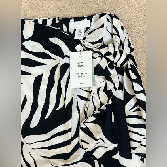NWT H&M Linen-blend Wrap-front Midi Black White Skirt Sz 0 - Picture 5 of 10